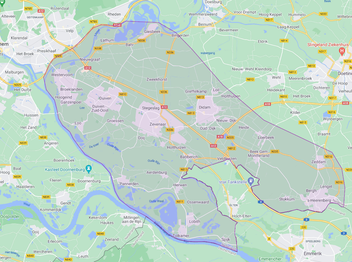 Jij kunt meedoen aan de FietsChallenge A12 als jouw reis begint of eindigt in het gebied op deze kaart (De Liemers en omgeving)
