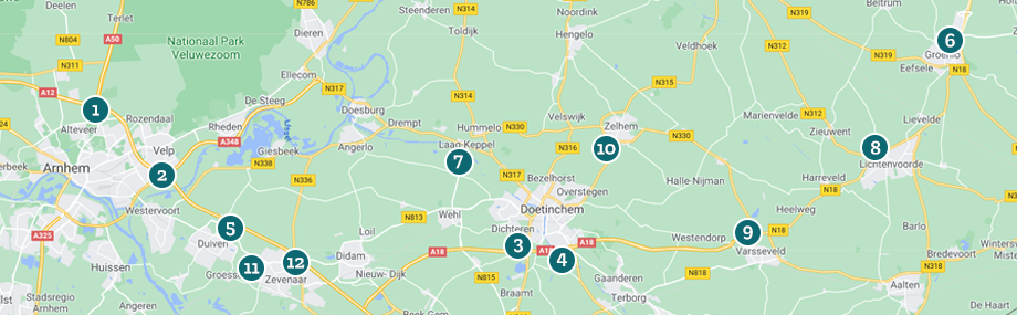 Kaart met carpoolplaatsen rondom A12 Arnhem - Zevenaar